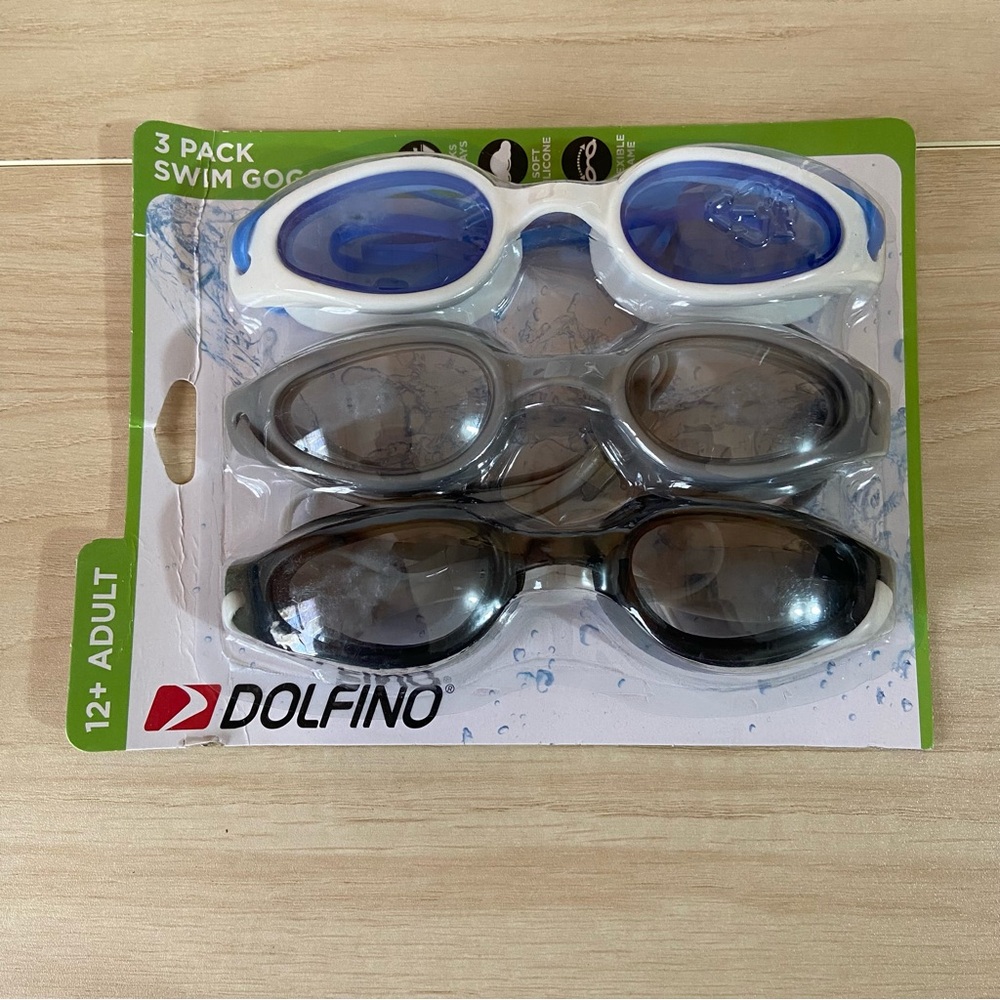 Dolfino 3-Pack Swim Goggles Blue, Black, White 12+ Adult Multi-Color, Unisex
